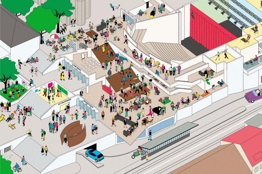 Wimmelbild des Foyer Public Theater Basel